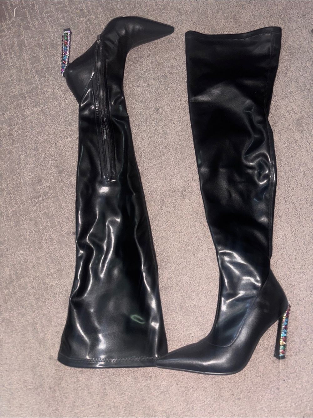 Embellished Heel Black Over-the-Knee Pointed Boots